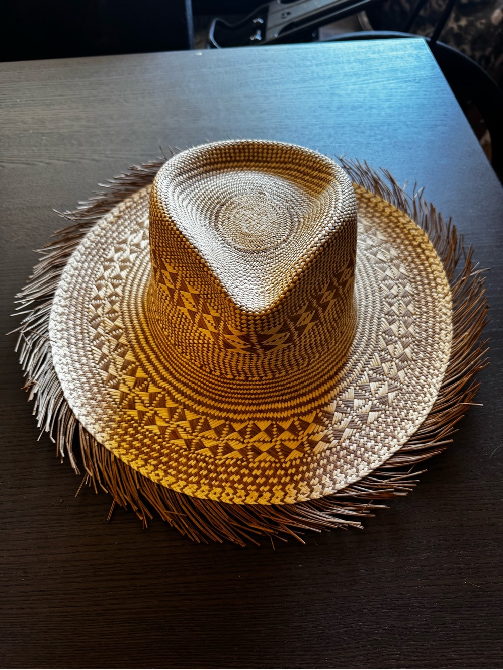 Handmade Mexican Woven Fringe Straw Sun Hat - 22.5” Natural Brown